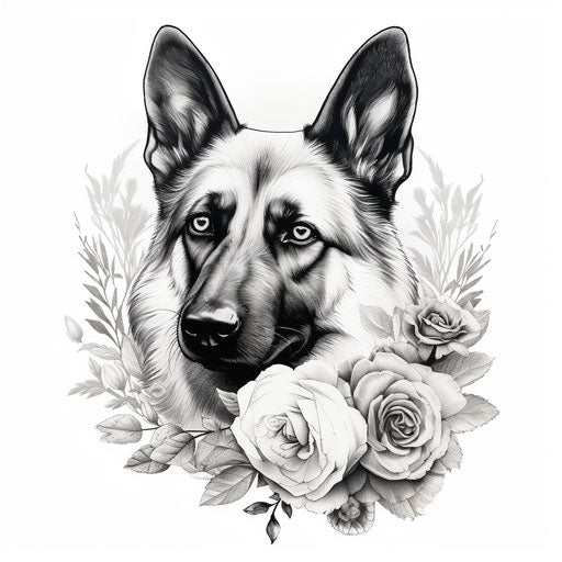 Black and white German shepherd portrait with flower