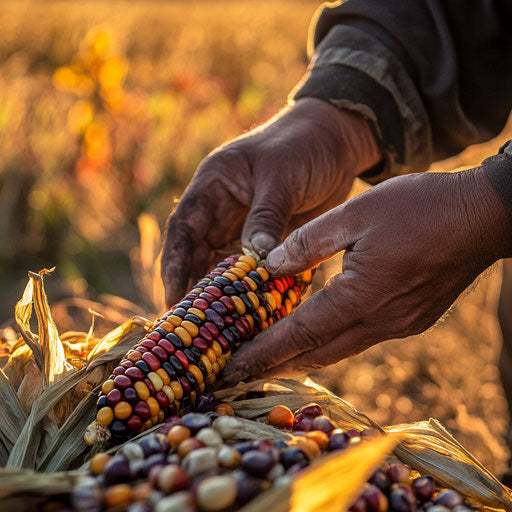 Harvesting colorful Indian corn at sunset