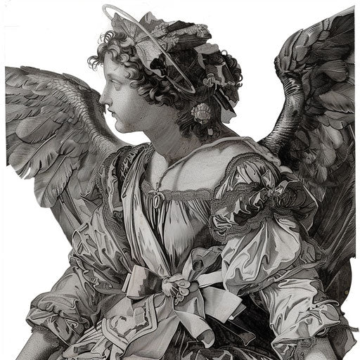 Baroque-inspired angelic figure with detailed wings in gray