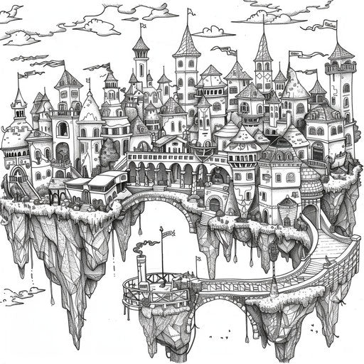 Whimsical city with floating islands connected by bridges