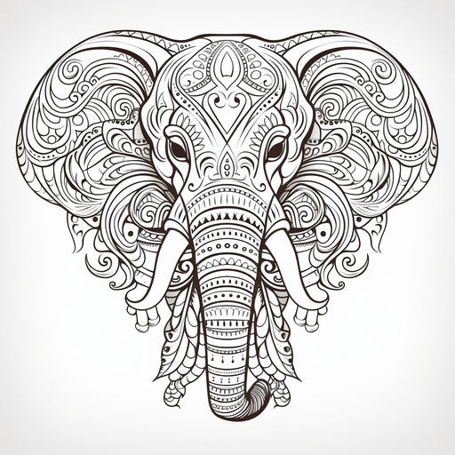 Elephant coloring page, ornamental motifs style, ominous vibe