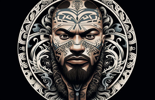 Tribal man in a round white circle, Maori art style, exotic birds, strong facial expression, tattoo-inspired, kawaiipunk, ue5, bold structural designs