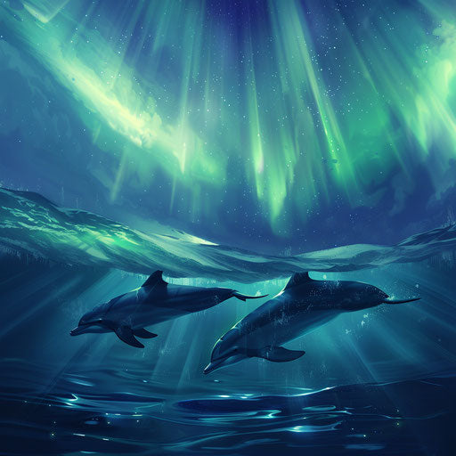 Dolphins gliding under the luminous aurora in the ocean