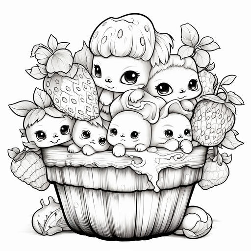 Kawaii basket coloring pages, emotive watercolor style