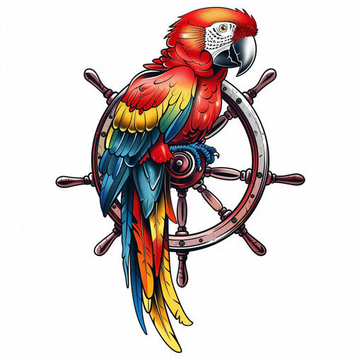 Colorful parrot on ship's wheel tattoo