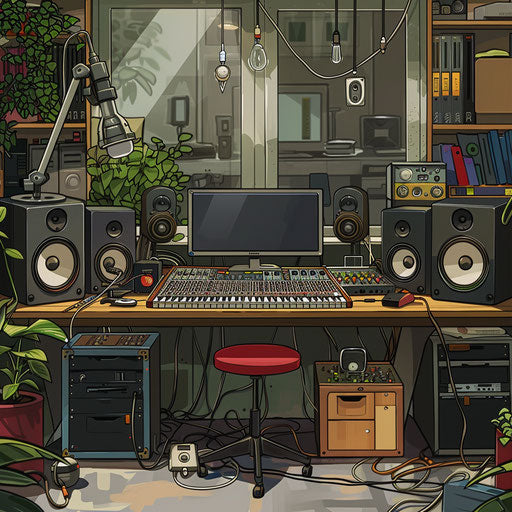 Music production studio with sound mixing board