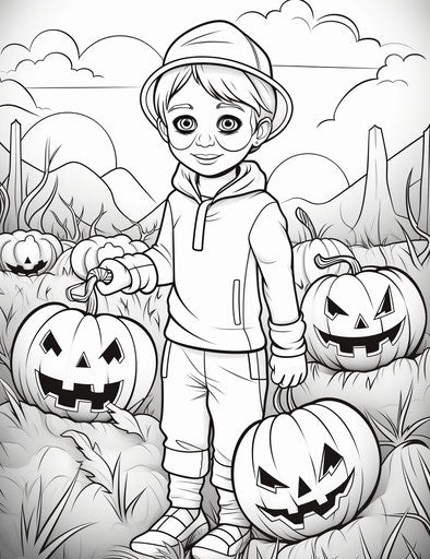 Child picking pumpkin by grassy field