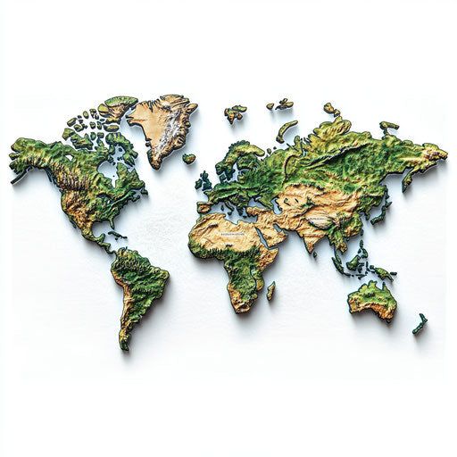 3D Map of the World on white background, isolated clipart in photo realistic style