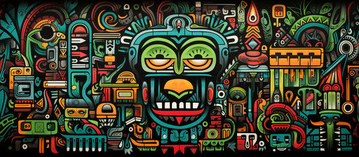 The tribal tribal is the result of a drawing in the style of lush scenery, palewave, graffiti-influenced, booru, mono-ha 41:18