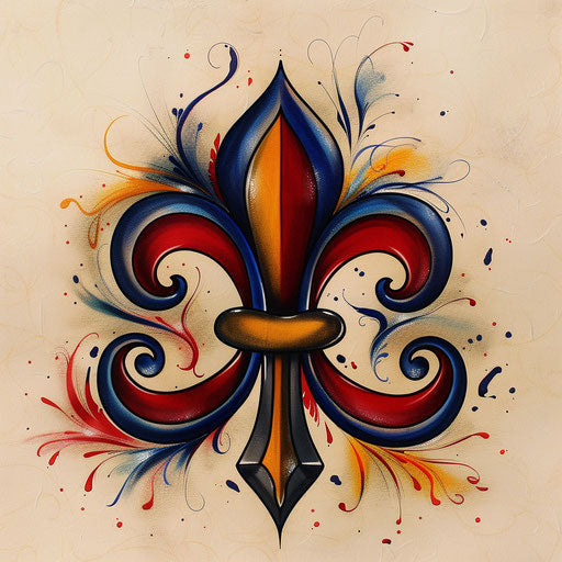 Retro tattoo sketch of a fleur de lis with 1950s pop art influences and bold primary colors