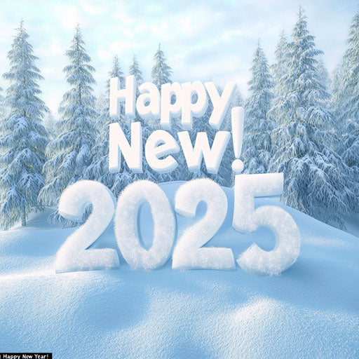 Snowy 3D Landscape with 'Happy New Year 2025!' in snow