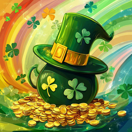 Treasure with rainbow and green hat with shamrock pattern