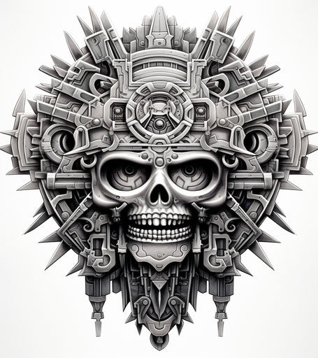 Aztec head logo graphite realism, ceiling design, mech scuplture