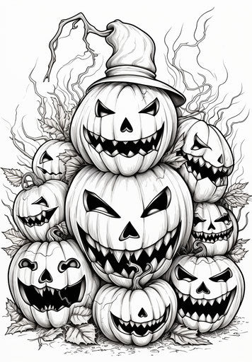 Seven scary pumpkins coloring pages, column and totem style