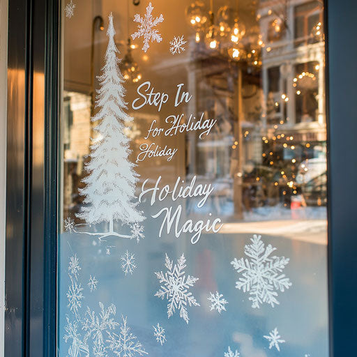 Frosted glass door of a boutique with delicate snowflakes
