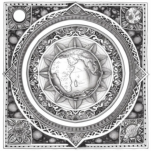 Earthy mandala surrounded by intricate designs. Coloring page