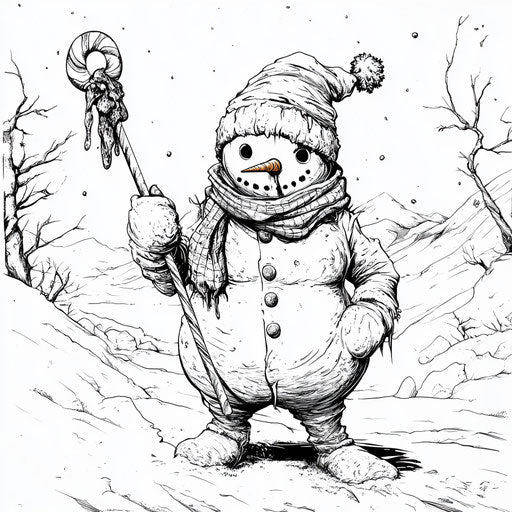 Snowman with candy cane, Hideo Kojima style, Coloring book page