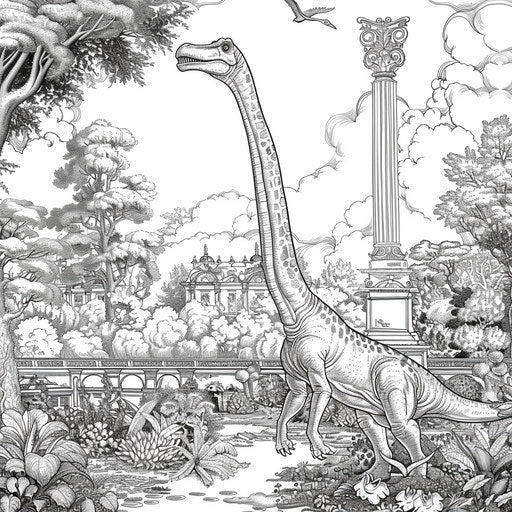 A brachiosaurus in an elaborate baroque garden with detailed designs in the style of a Raqib Shaw coloring book page
