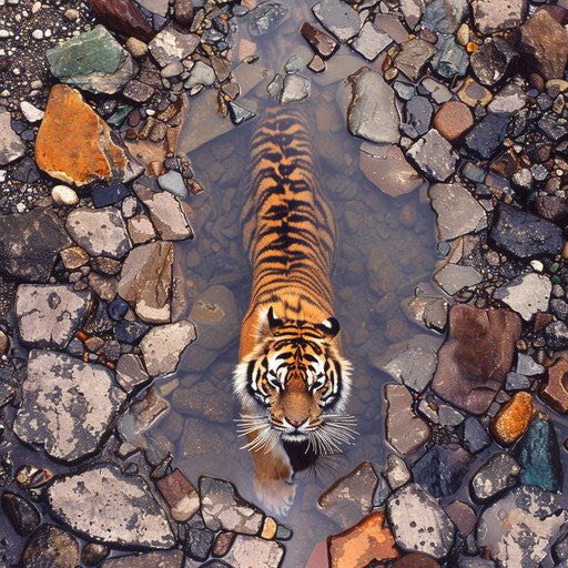 Tiger crossing a shallow river surrounded by colored stones