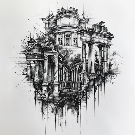 Neo-classical tattoo of a Roman forum in black and grey on white