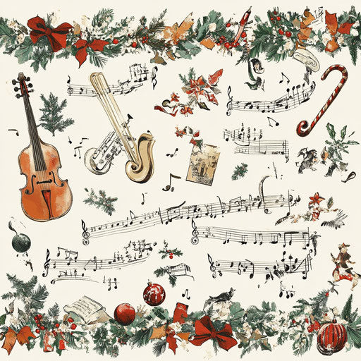 Border of Christmas music notes and instruments