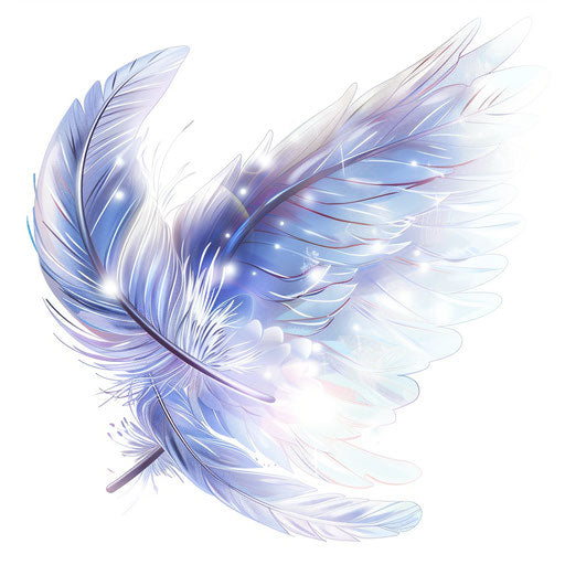 Shining angel feather on pure white background