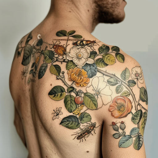 Exotic tattoos for men with flowers and insects