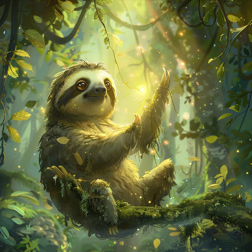Magical journey of an animated sloth in an enchanted forest
