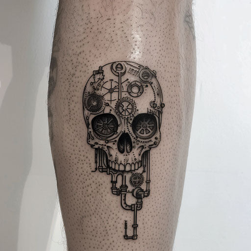 Steampunk skull tattoo on white backdrop
