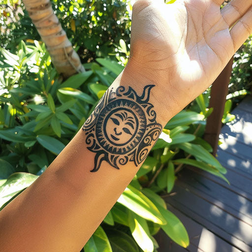 Tribal sun wrist tattoo in the style of Ami James