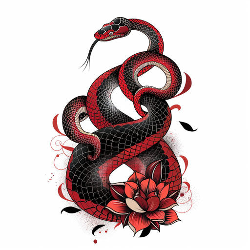 Decorative flat tattoo sketch of a red snake with Baroque patterns, rich reds and blacks, clipart style