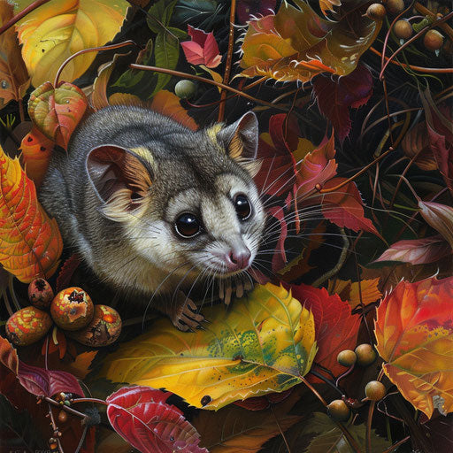A mountain pygmy possum foraging among autumn leaves