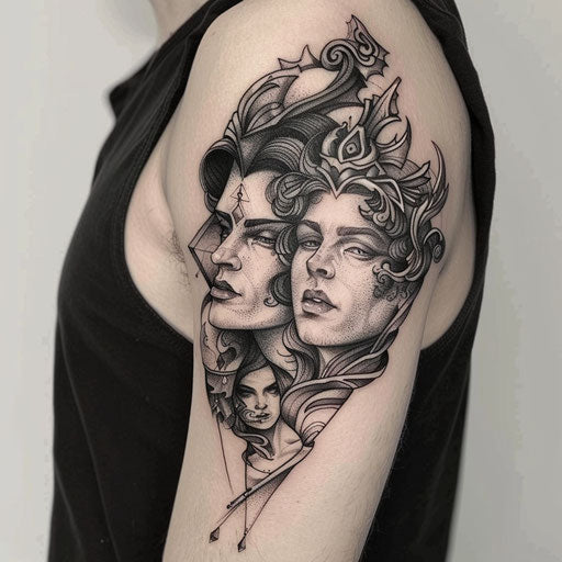 Couple tattoo depicting intertwined mythological figures