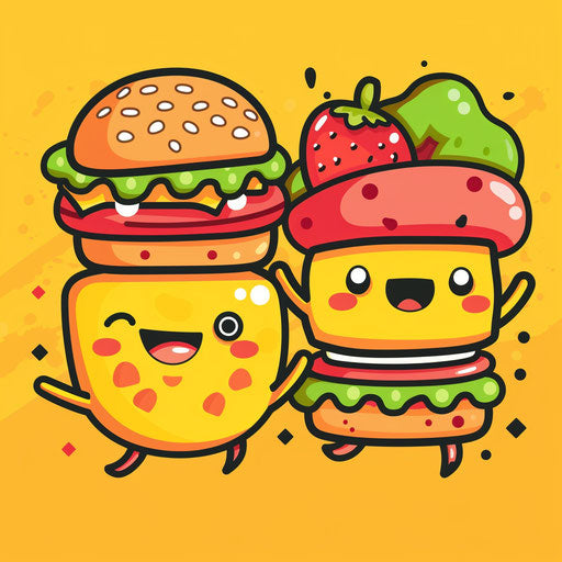 Cartoon logo with food-themed playful characters