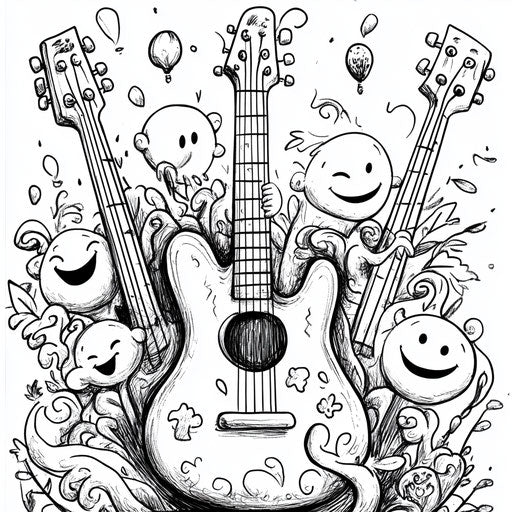 Cute cartoon guitar with smiling faces