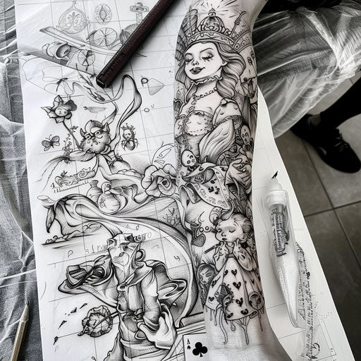 Alice in Wonderland sleeve tattoo design on white drafting table
