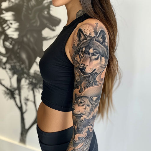Realistic sleeve tattoos for women with wolves and moon