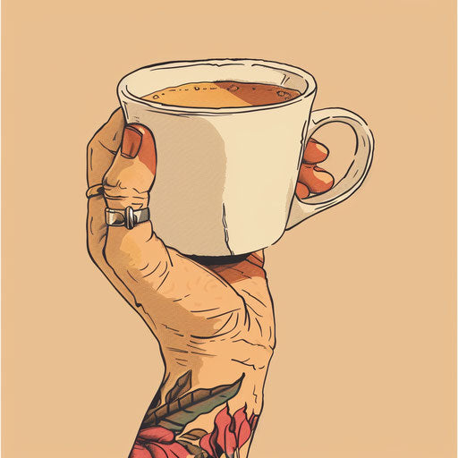 Casual tattoo sketch of a hand holding a coffee mug, flat style with skin tone variations