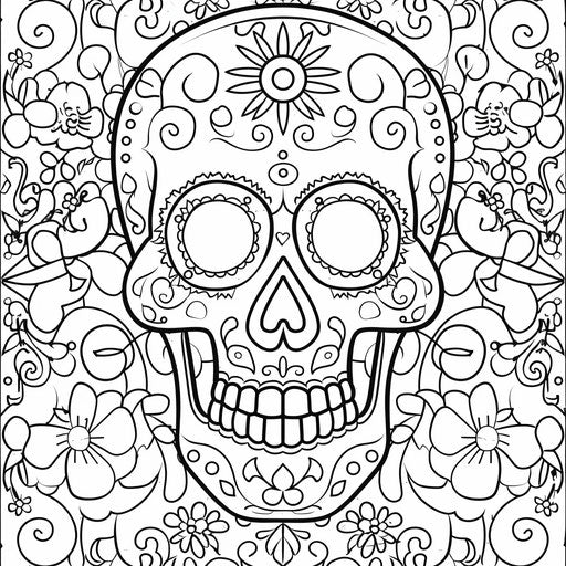Detailed sugar skull with flowers and patterns for Day of the Dead. Coloring book page