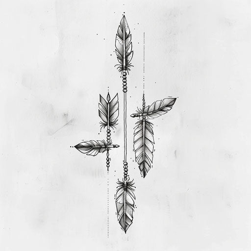 Flat tattoo sketch of neo tribal arrows with feathers in a linear arrangement