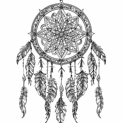 Dream catcher with Native American motifs. Coloring book page