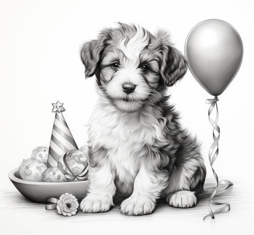 Happy birthday puppy coloring pages, various artist styles