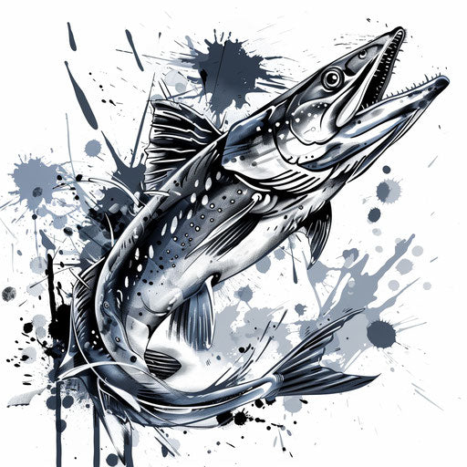 Stylized tattoo design of a pike fish on white background