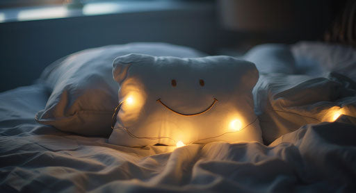 Happy pillow on bed with lights, pillowcase, in emotional style