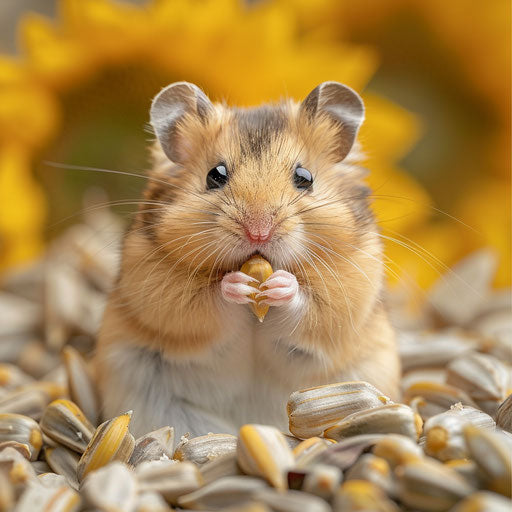 Syrian hamster nibbling on a sunflower seed
