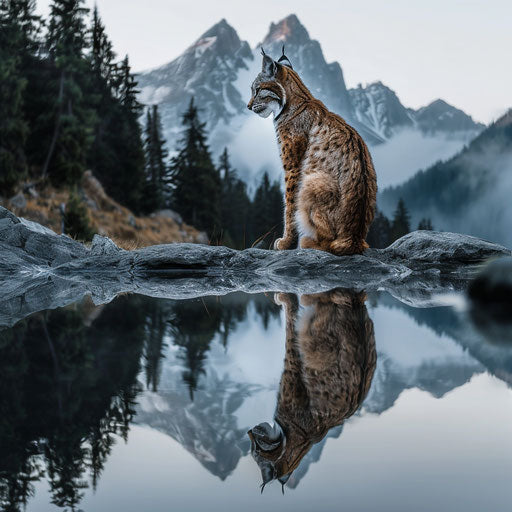 Reflection of a lynx in the still waters of a mountain lake
