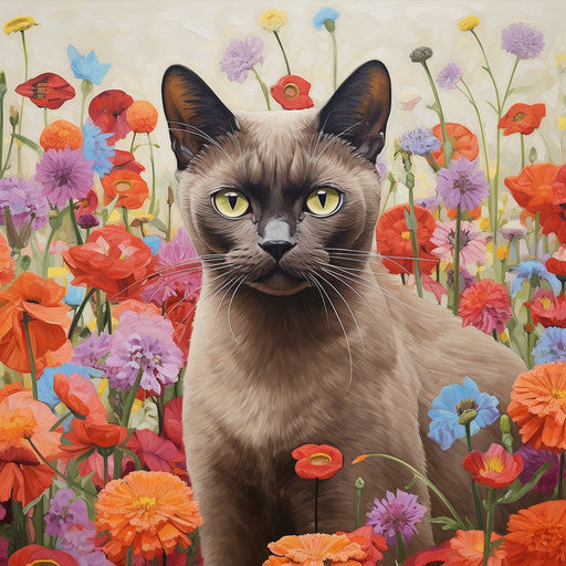Burmese cat in a field of flowers