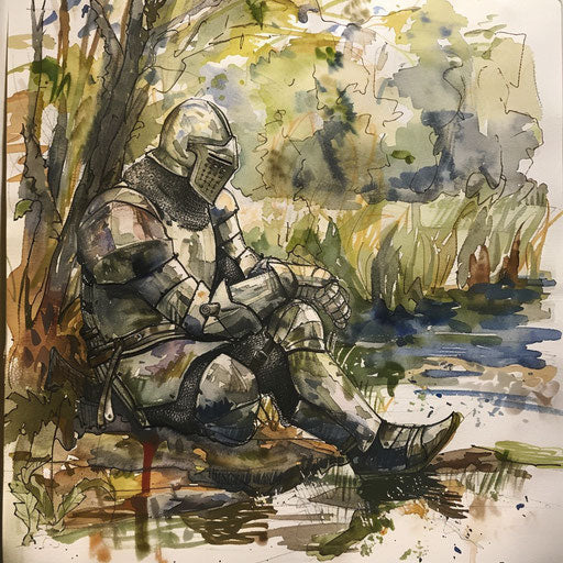 Impressionist tattoo sketch of a knight resting by a creek