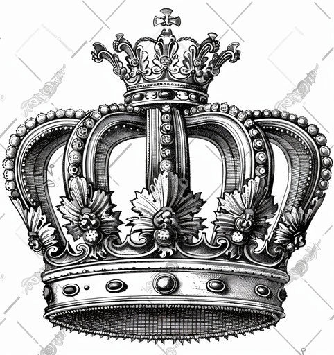 Detailed black and white crown in engraving style