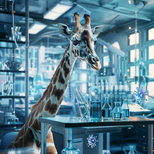A giraffe scientist in a lab, discovering groundbreaking technologies
